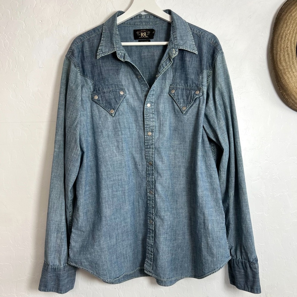 RRL Ralph Lauren Western Shirt XL Blue Chambray Star Yoke Metal Snap Elbow Patch